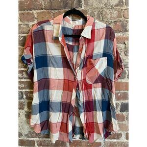 Maurices Blue/Red/White Plaid Button Down Short Sleeve Drop Sleeve Blouse Top Si